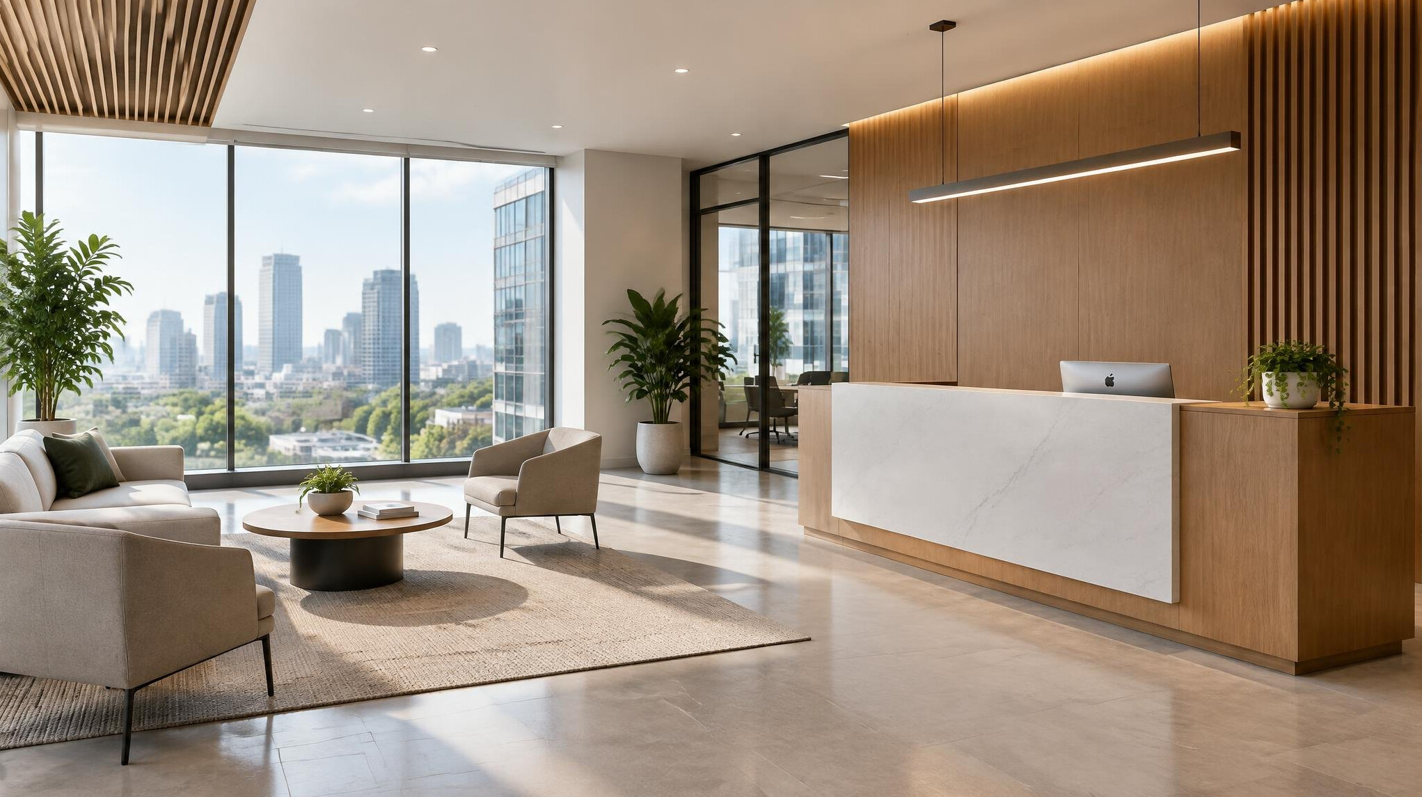 Modern corporate reception area with seating and natural light