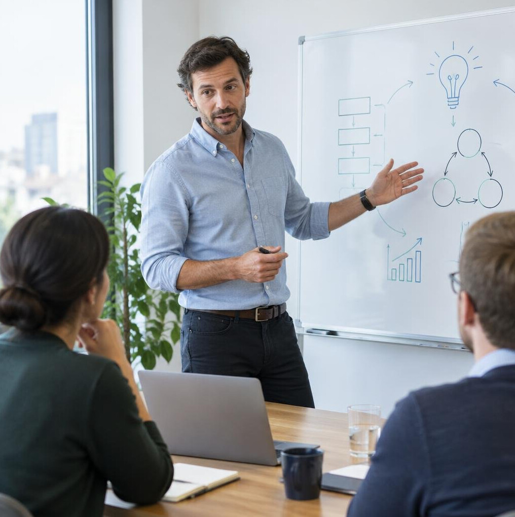 Businessman explaining a diagram on a whiteboard to colleagues