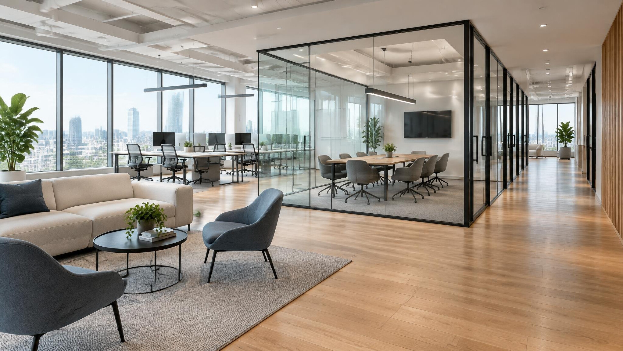 Modern open-plan office interior with glass meeting rooms