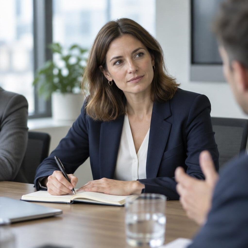 Businesswoman taking notes during a leadership discussion
