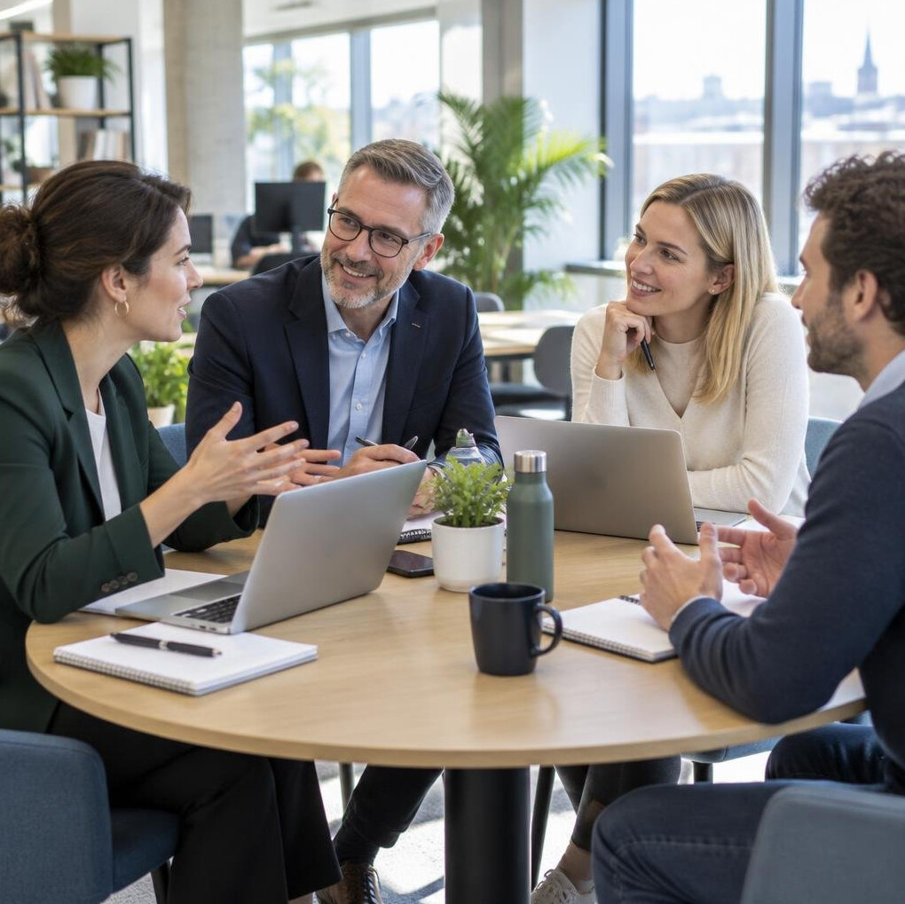 Diverse team of professionals having a discussion around a table