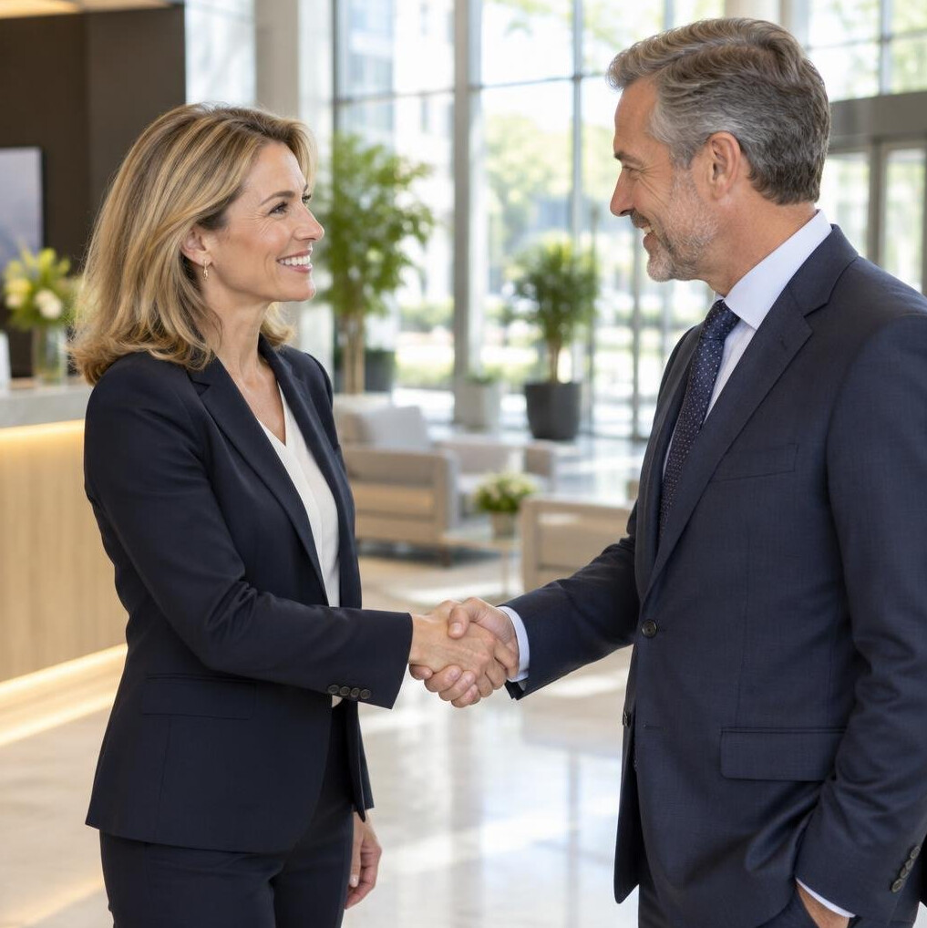 Two business leaders shaking hands after a successful meeting