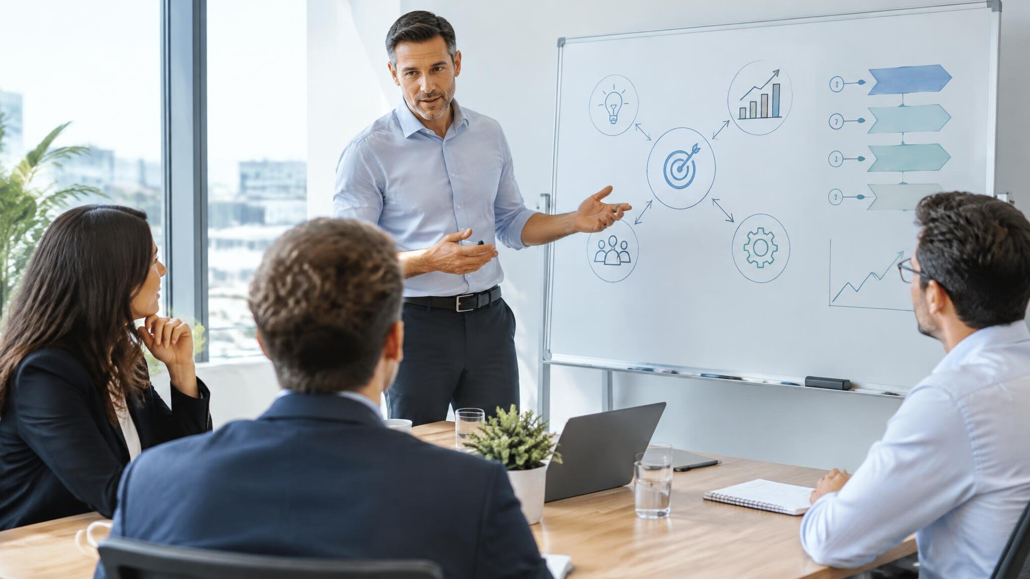 Business leader presenting a strategic plan to colleagues in a bright meeting room