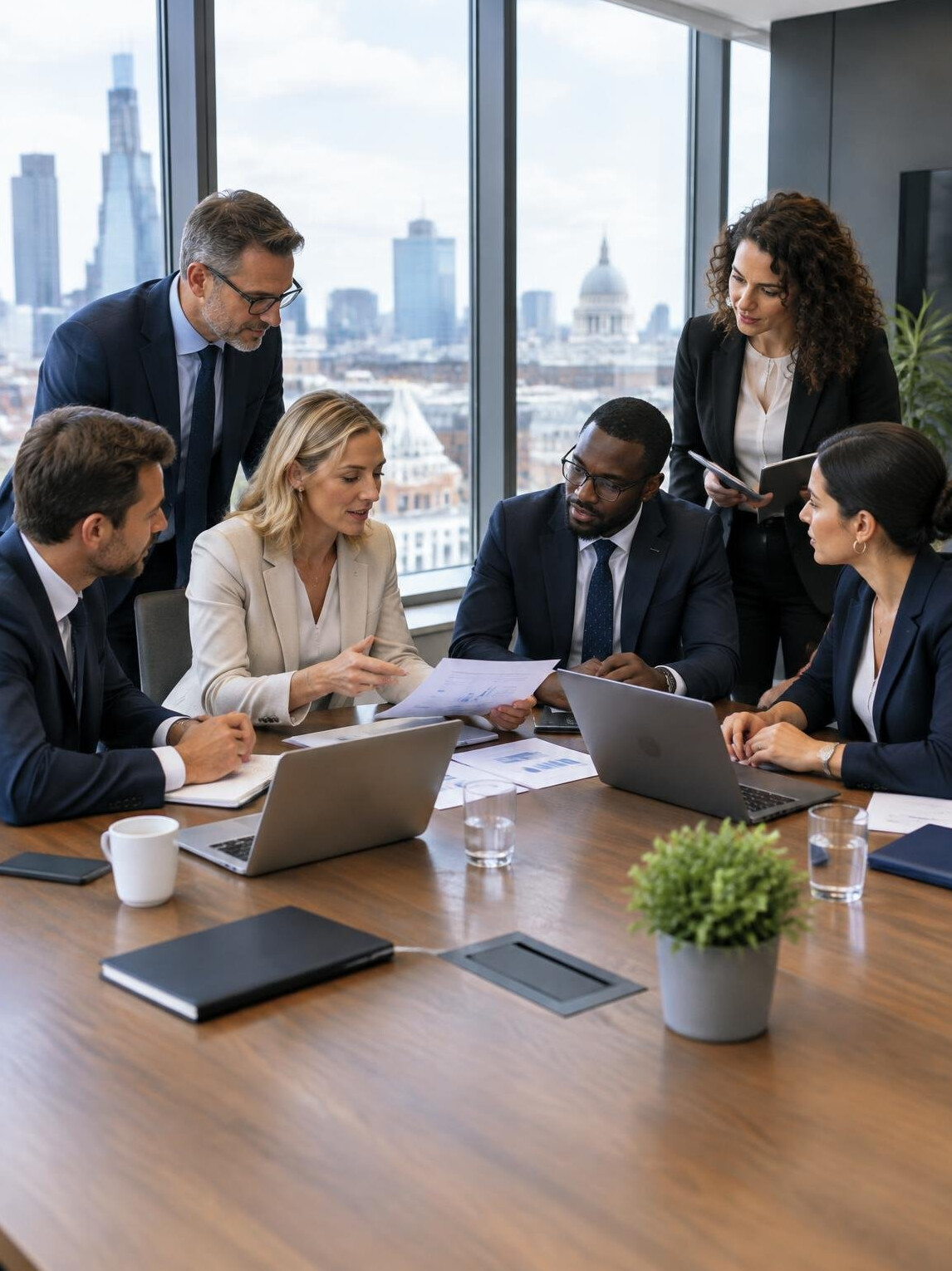 Diverse group of business executives discussing strategy around a table in a modern boardroom